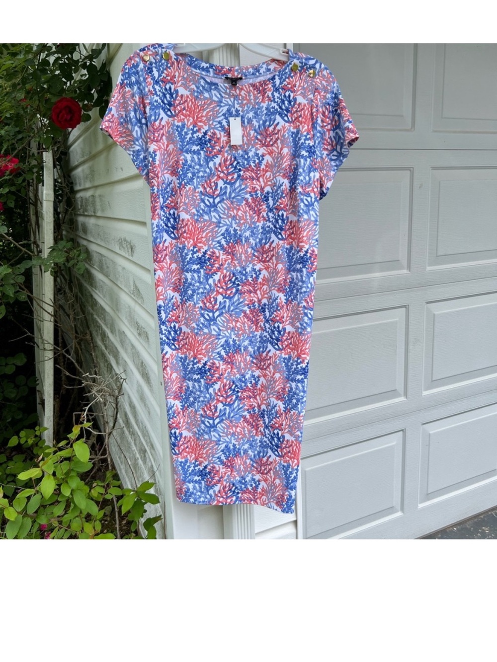 NWT Talbots Pretty Pink Blues Coral Pattern Boat Neck Button Shoulder Dress
